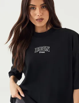 Womens Embroidered Heavyweight Oversized T-Shirt - Black Cotton - Size X-Small - DSGN Studio - FashionsVida