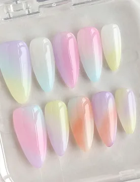 Piezas de uñas postizas de forma almendrada de longitud media hechas a mano, colores rosa, azul, amarillo, degradado, adecuadas para el uso diario, f - Shein - FashionsVida