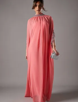 Women's Chiffon Cape Style Sequin Maxi Dress in Coral Size: 18 - Coral - Size: 18 - Coast - FashionsVida