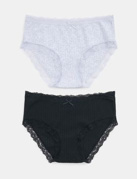 Slip hipster a costine con pizzo, confezione da 2 - multicolor