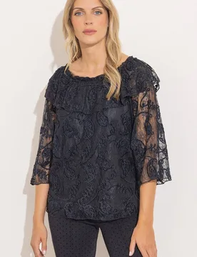 Women's Embroidered Lace Bardot Top in Black Size: 16 - Black - Size: 16 - Klass. - FashionsVida
