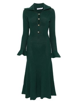 Inspired Midi Knit Dress with Oversized Collar, Feathered Cuffs & Gold-Button Detail