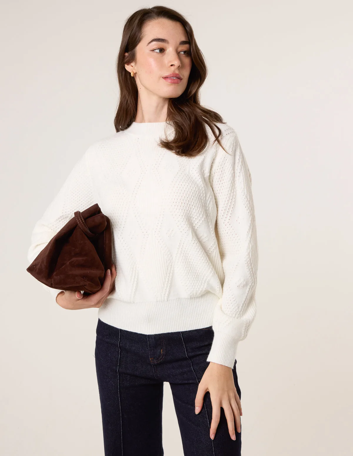 Argyle Texture Knit Jumper - L / IVORY - female - Blue Vanilla - FashionsVida