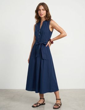 Abito midi in cotone con cintura - blu scuro