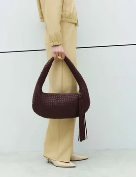 Woven Rounded Hobo Bag Burgundy female - M&S - FashionsVida