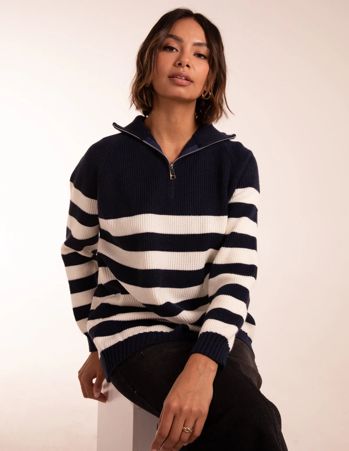 Striped Jumper With Zip - ONE / IVORY/NAVY - female - Blue Vanilla - FashionsVida