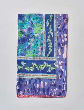 Sciarpa blu in pura seta con stampa fiori e fantasia rosa - Pellizzari - FashionsVida