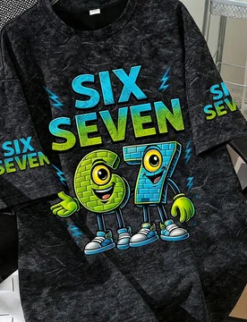 Serie de camisetas de manga corta con cuello redondo y estampados casuales para niños preadolescentes, con estampados divertidos del número "67" y l - Shein - FashionsVida