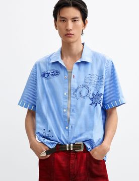 Chemise courte en coton imprimée, , Coton, Bleu, S