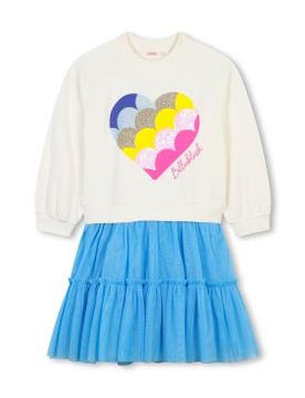 Para niña. U20515 Vestido bimaterial , (5Y= 108cm), Casual, Poliéster, Manga larga, moda infantil