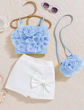 Piezas/set Top de tirantes con decoración floral 3D y falda con ribete de moño liso para niñas jóvenes - Shein - FashionsVida
