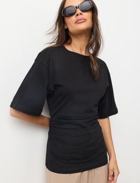 Blusa in Cotone con Ruches Asimmetriche sul Lato - nero