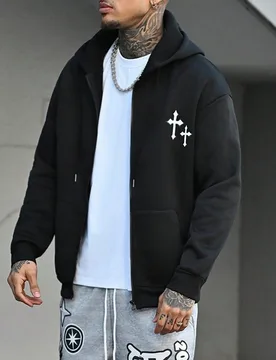 Pieza Sudadera con capucha con cremallera y estampado gráfico de ajuste holgado para hombre, sudadera básica con capucha de manga larga con cordón, - Shein - FashionsVida