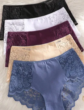 Conjunto de 5 piezas de ropa interior femenina romántica y elegante, con encaje, parches florales y diseño sexy de cintura media, adecuado para uso - Shein - FashionsVida