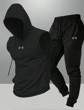 Conjunto deportivo de top sin mangas con capucha y pantalones estampados minimalista para hombres, ropa de fitness, atuendo de gimnasio, conjunto depo - Shein - FashionsVida