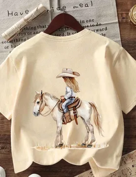 Camiseta con estampado de niña y poni de mezclilla para niña preadolescente, de tela suave y cómoda, adecuada para deportes al aire libre, uso diar - Shein - FashionsVida