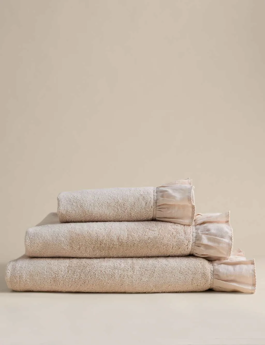 Pure Cotton Ruffle Towel with Linen Border Light Buff - M&S - FashionsVida