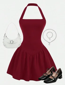 Vestido mini de fiesta de San Valentín para adolescentes, de línea A, con tirantes de espagueti y cintura ajustada, de punto rojo - Shein - FashionsVida