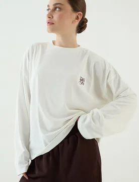 Womens Crew Neck Long Sleeve T-Shirt - Ecru Cotton - Size Large - DSGN Studio - FashionsVida