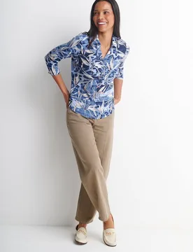 Women's Textured Leaf Print Polo Top in Blue Size: Small - Blue - Size: S - Anna Rose - FashionsVida
