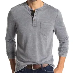 American European New Fashion Men's Casual Trendy Solid Color Long Sleeve O-neck Button Pullover T-shirts Male Clothes Tops