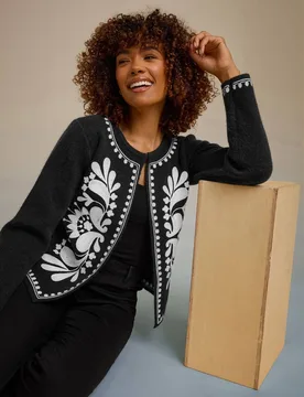 Embroidered Detail Cardigan Sweater - Black - Size: 10-12 - M&Co - FashionsVida
