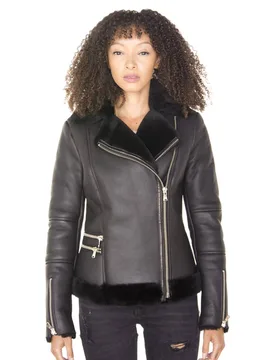 Women's Shearling Sheepskin Aviator Jacket-Patchway in Black Size: 12 - Black - Size: 12 - Infinity Leather - FashionsVida