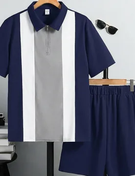 Pcs/Set Conjunto de Camisa Polo y Pantalones Cortos Casuales de Bloques de Color Universitario para Adolescentes, Adecuado para Desplazamientos - Shein - FashionsVida