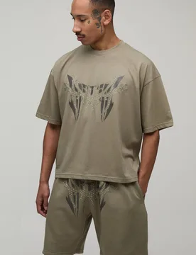 Men's Oversized Boxy Studded T-Shirt & Relaxed Short Set Khaki Size Medium Khaki M - boohooMAN - FashionsVida