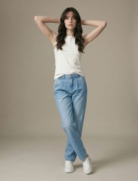 Jeans straight slim in cotone con effetto slavato - blu