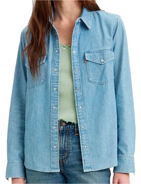 Iconic western light indigo camisa manga larga mujer