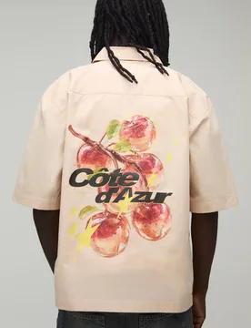 Men's Oversized Half Sleeve Apple Print Shirt Natural Size Large Natural L - boohooMAN - FashionsVida