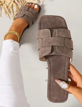 Sandalias planas tipo slide casuales de moda para mujer, primavera/verano, cómodas, de tacón bajo, punta redonda, estilo minimalista, pantuflas de p - Shein - FashionsVida