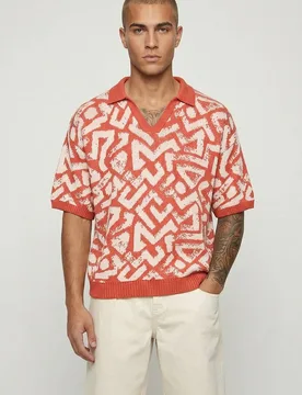 Herren Übergroßes Kastenförmiges Polo-Oberteil Mit Abstraktem Jacquard-Strickmuster Orange Größe 2XL - boohooMAN - FashionsVida