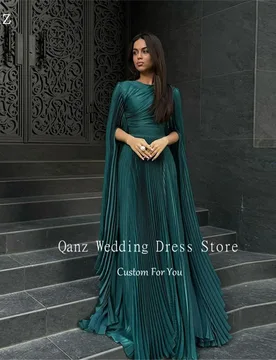 Qanz Dark Green Evening Dresses O Neck Cape Sleeves Long A Line Pleat Elegant Vestido Verde Esmeralda Luxury Dresses Customized - Aliexpress - FashionsVida