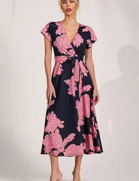 Women's Kimono Sleeve Print Scuba Midi Dress in Dark Navy Size: 8 - Dark Navy - Size: 8 - Jolie Moi - FashionsVida