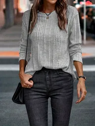 Women's Gray Ribbed Fabric Round Neck Long Sleeve Loose Fit Comfortable Casual Daily Fashion T-shirt Top