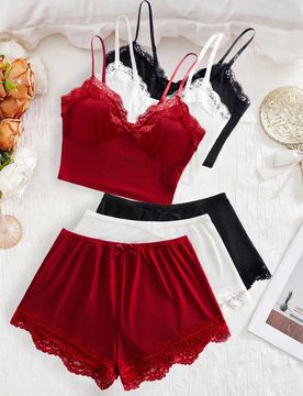 Conjunto de 6 piezas de lencería sexy para mujer, camisola con tirantes ajustables & shorts tipo bóxer, con ribete de encaje, elástico cómodo y el