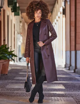 Leather Belted Double Breasted Trench Coat Burgundy female - Sosandar - FashionsVida