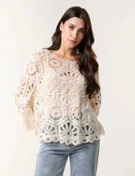 Crochet Top With Flared Sleeves - ONE / STONE - female - Blue Vanilla - FashionsVida