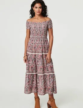 Women's Ditsy Floral Bardot Smocked Midi Dress in Pink Size: 8 - Pink - Size: 8 - Izabel London - FashionsVida