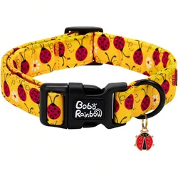 Collar de perro con pompones de arcoíris, collar de mascota con estampado de mariquitas de primavera con colgante ajustable y hebilla de plástico de