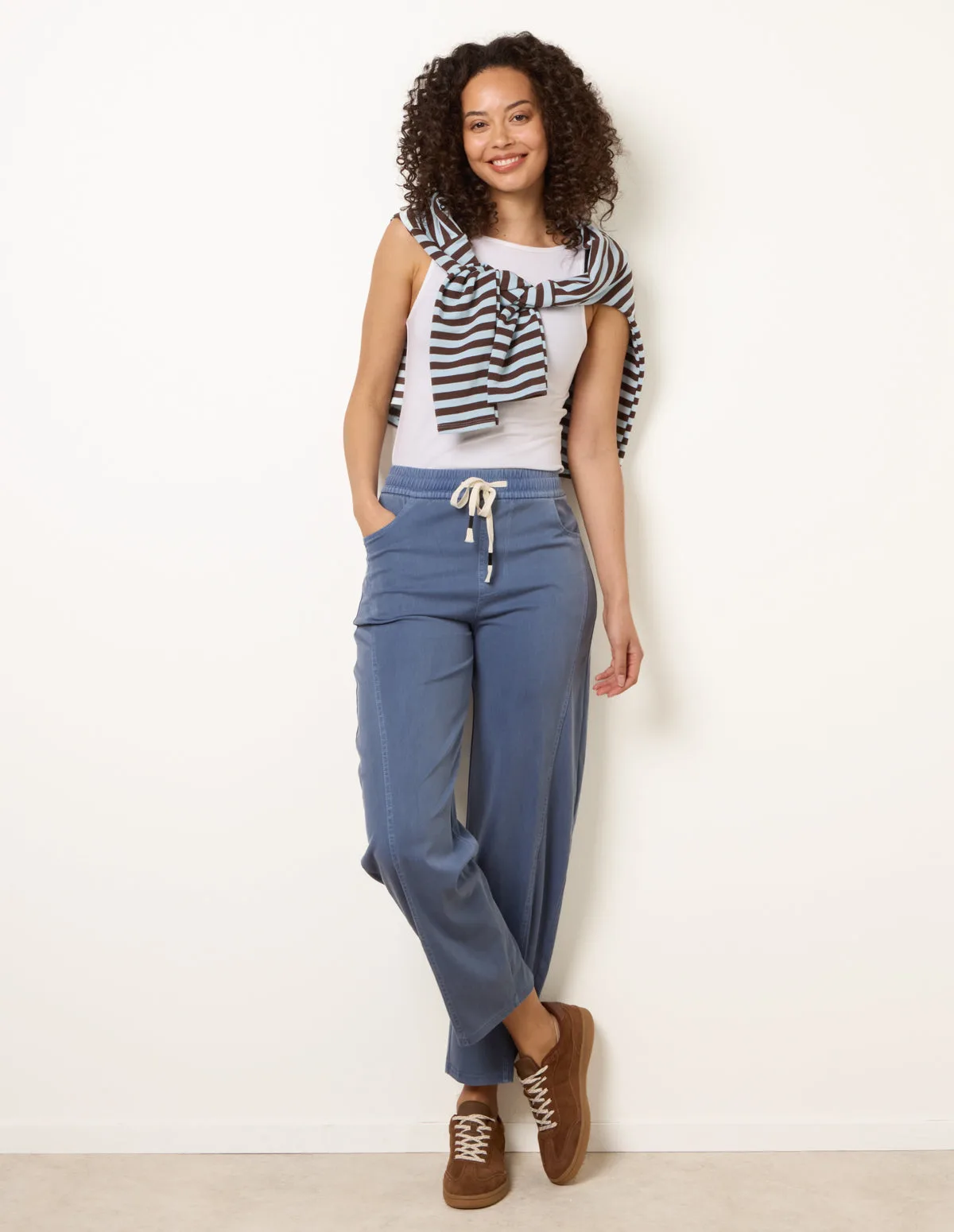 Elasticated Waistband Front Tie Stretch Trousers - L / LIGHT DENIM - female - Blue Vanilla - FashionsVida