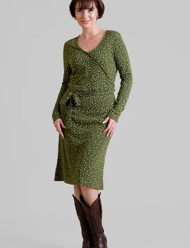 Women's Polka Dot Olive Jersey Midi Dress in Bottle Green Size: 14 - Bottle Green - Size: 14 - Enorsia - FashionsVida