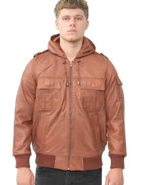 Mens Tan Hooded Bomber Jacket - Tirana - Size X-Large - Infinity Leather - FashionsVida