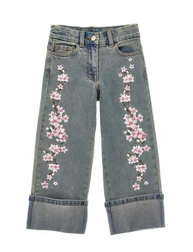 Jeans con maxi risvolto e ricamo fiori di pesco rosa - Monnalisa - FashionsVida