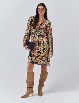 Crepe Floral V-Neck Mini Tea Dress Black Mix female - GHOST - FashionsVida