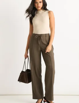 Women's Olive Drawstring Elasticated back Tailoring Trousers Size: 8 - Olive - Size: 8 - Gini London - FashionsVida