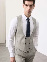 Italian Performance Linen Blend Double Breasted Waistcoat Khaki male
