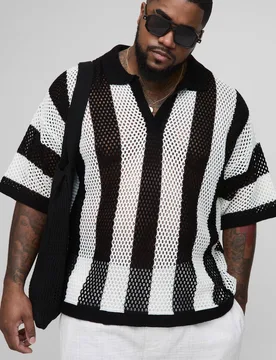 Men's Plus Boxy Oversized Stripe Knit Polo Ecru Size 2X-Large Ecru 2XL - boohooMAN - FashionsVida